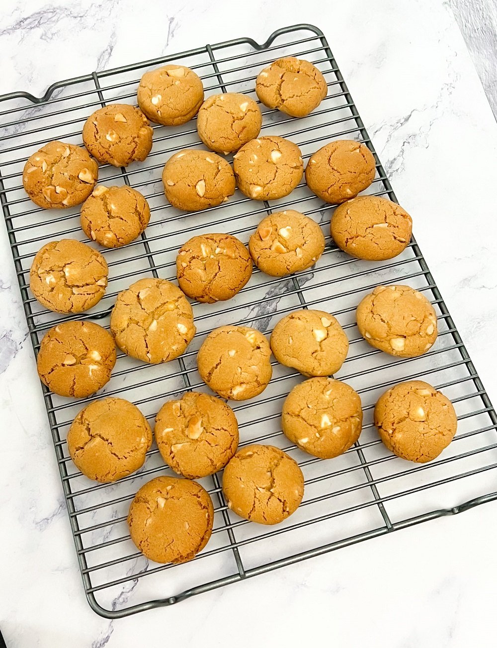 White chocolate macadamia nut cookies cooling