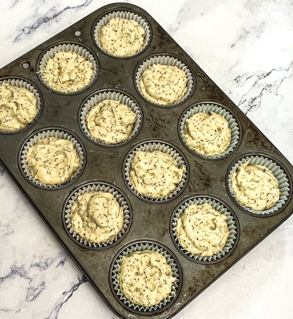 lemon poppy seed muffins in pan