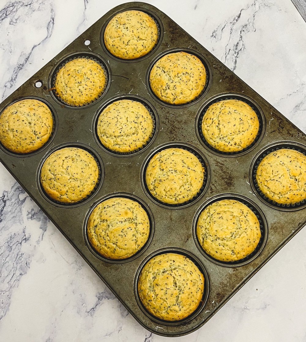 Lemon poppy seed muffins out of oven