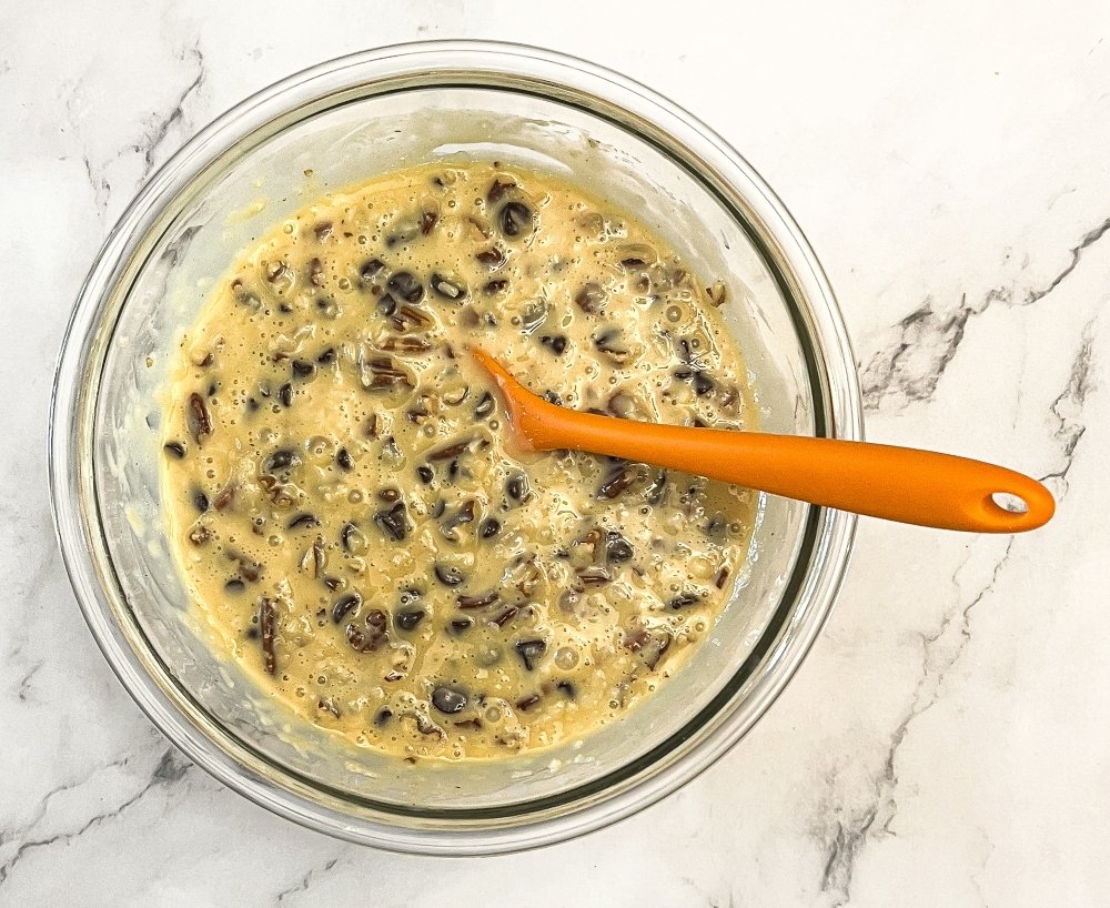 Sweetened condensed milk, pecans, and chocolate chips