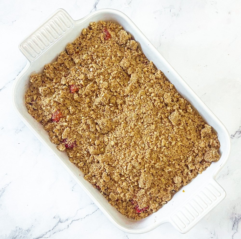 rhubarb crisp in baking pan