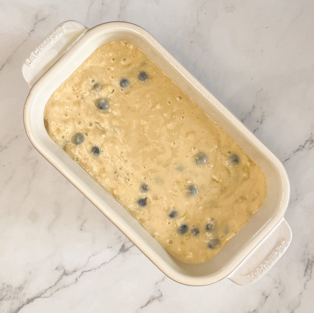 Blueberry Banana bread in loaf pan