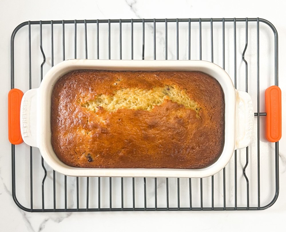 Blueberry banana bread cooling