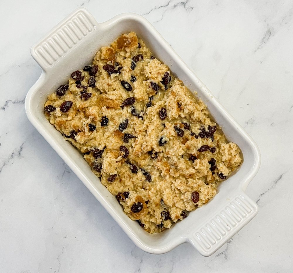 Raisin bread pudding ready to bake