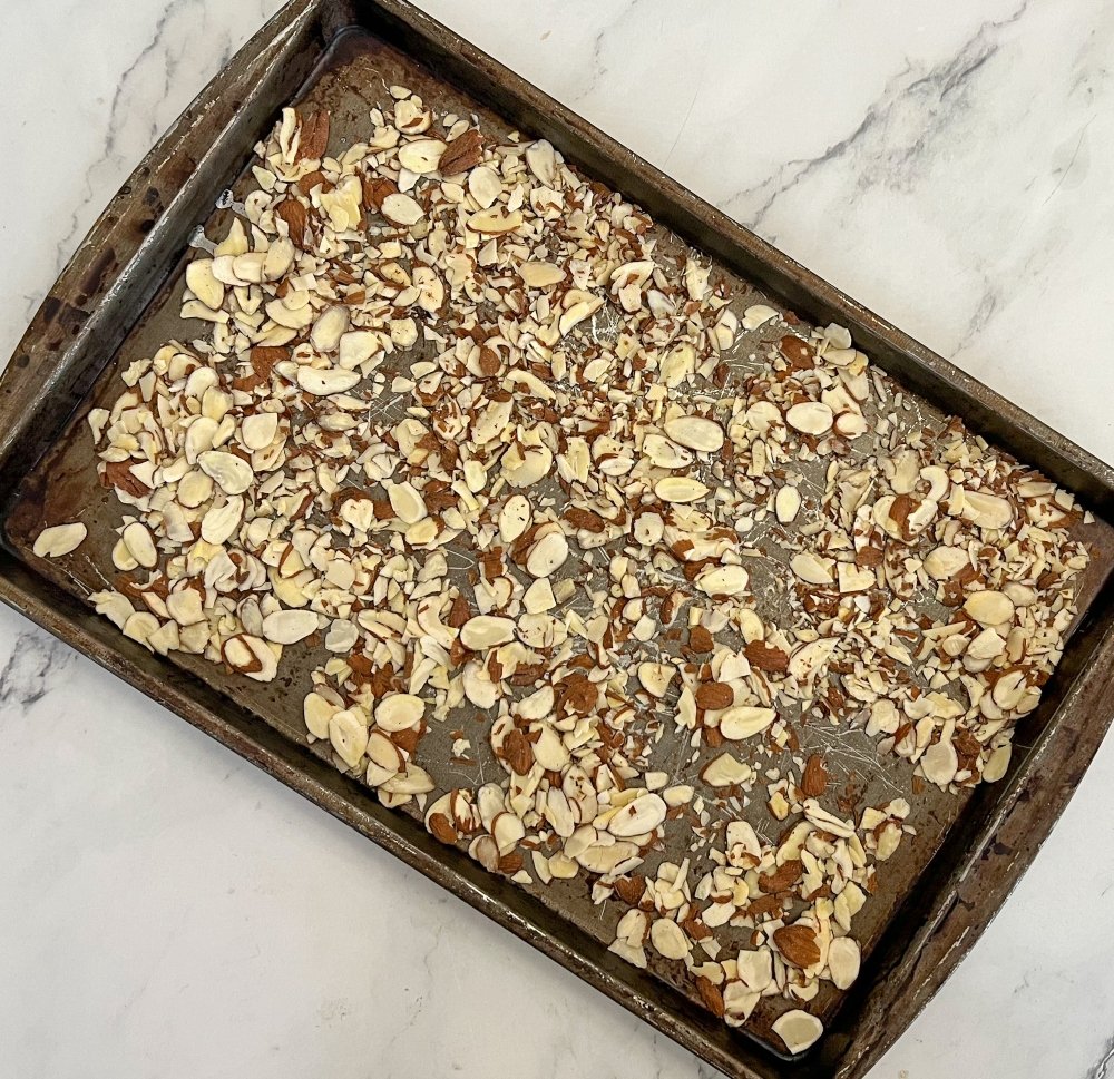 Almonds on a baking pan