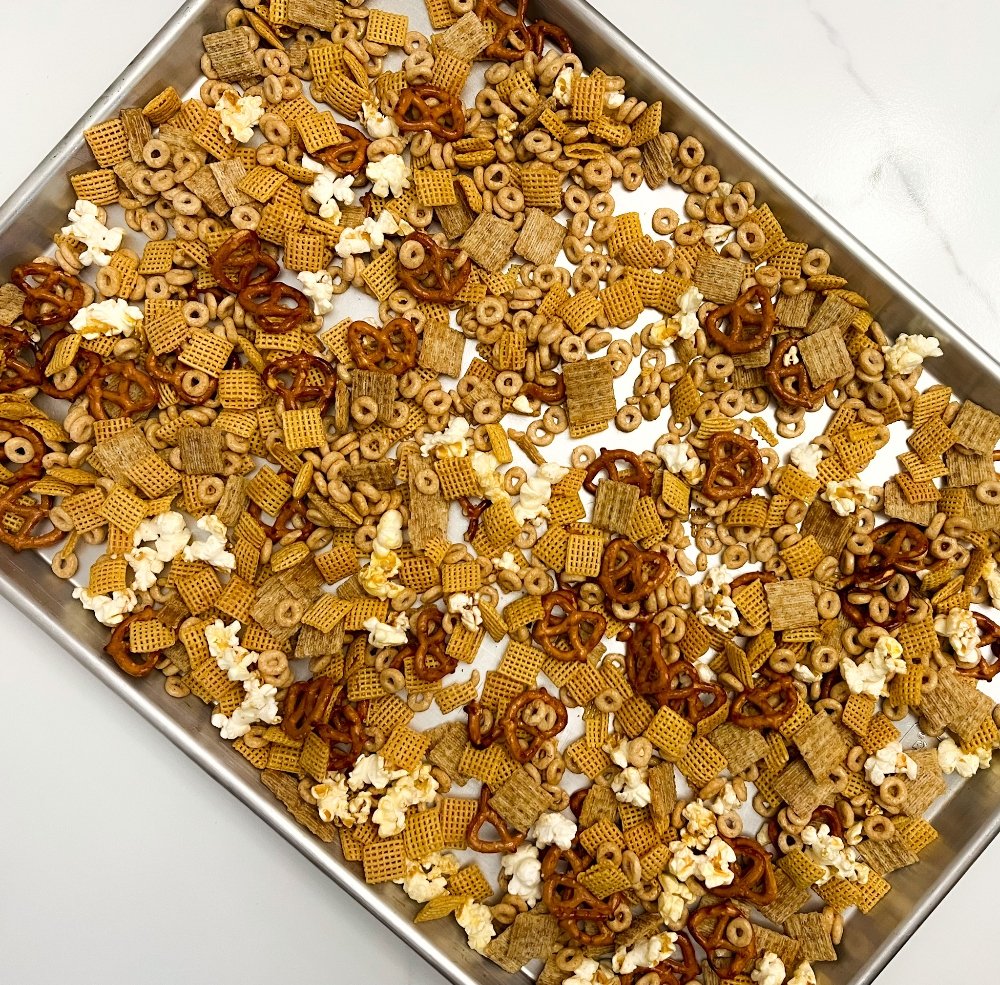 Snack mix on baking pan