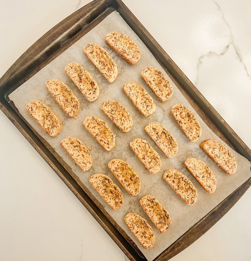 sliced biscotti on baking sheet