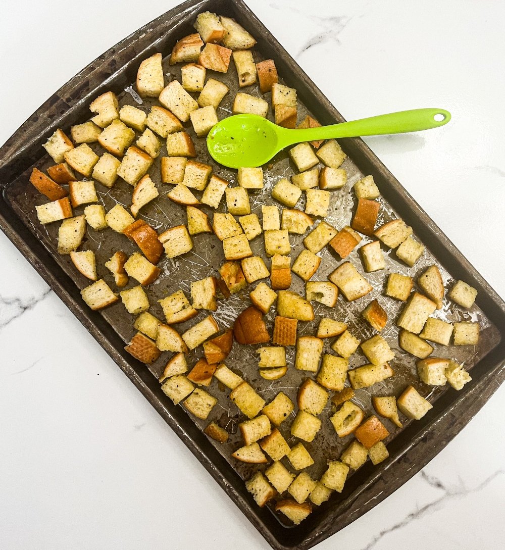 stirring croutons