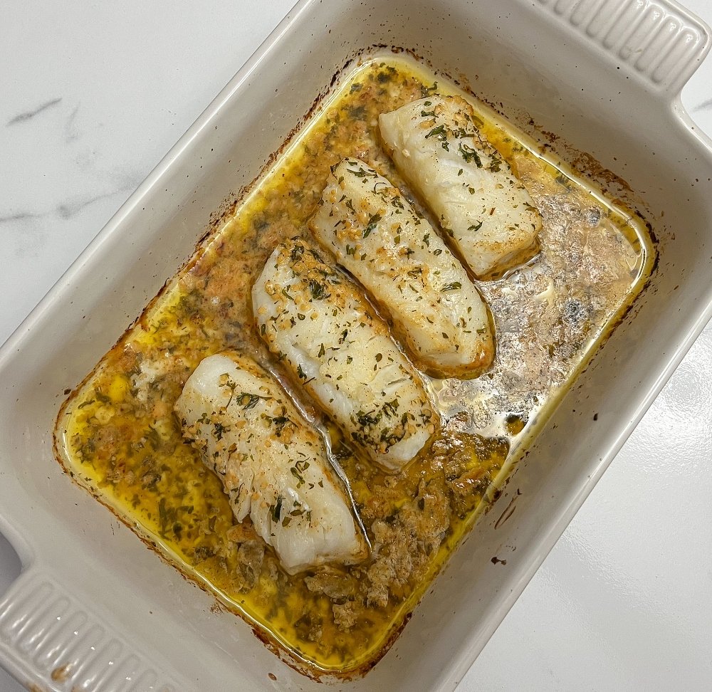 Baked cod out of the oven