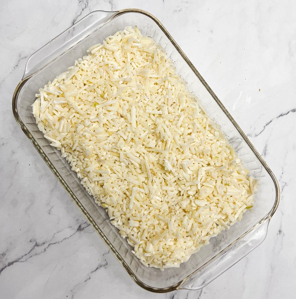 Hash brown potatoes in baking dish